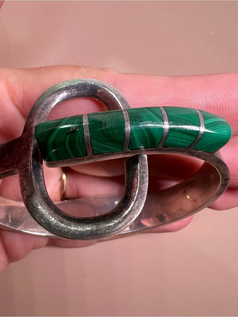 950 Silver Cuff Bracelet with Green Malachite Inlay